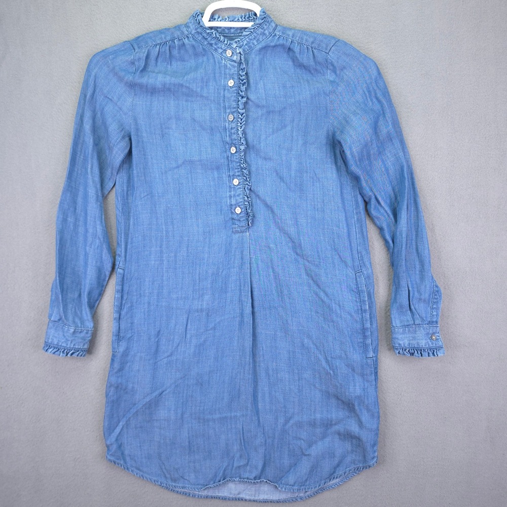 LOFT Tunic Shirt Ruffle Trim Chambray Blue XXSP Lyocell Long Sleeve Boho